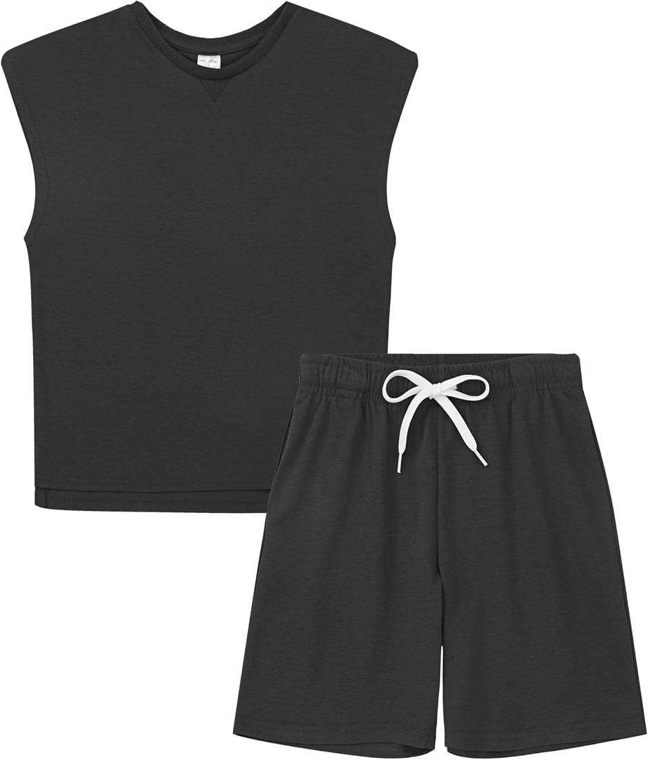DANI CHINS Boys Loose Athletic Shirt and Shorts Set Kid Outfit with Pockets (Black)
