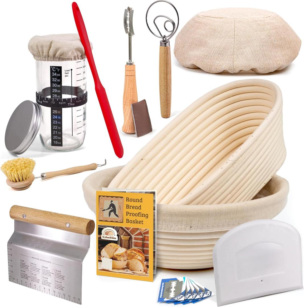 Sourdough Starter Kit  Complete Artisan Bread Baking Set with 2 Rattan Banneton Proofing Baskets (9 Round & 10 Oval), 24oz Glass Starter Jar & Professional Tools  Easy for Beginners & Home Bakers