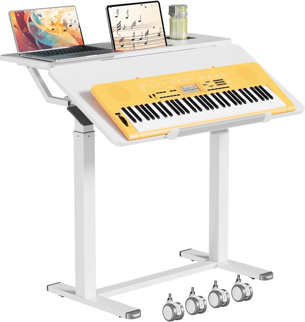 Rolling Standing Desk with Tilt Desktop, 35" 2-Tier Shelf White