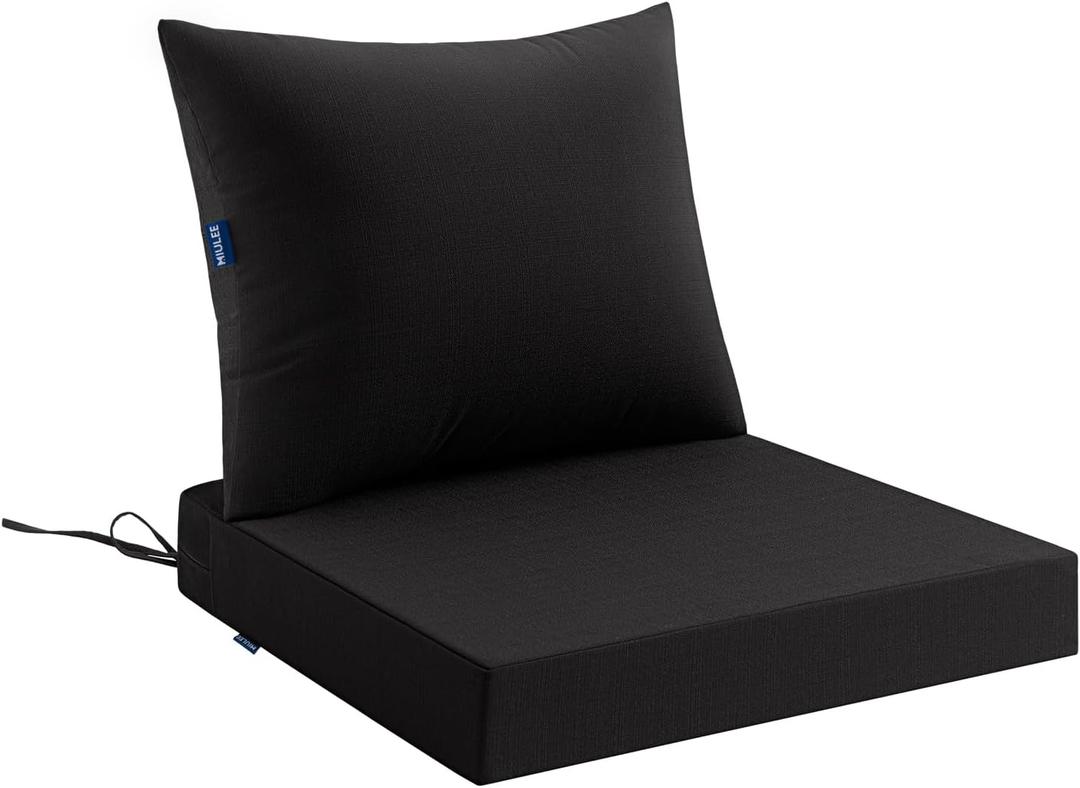 MIULEE Black Outdoor Chair Cushion 24x24 Inch for Patio Furniture Linen Textured Waterproof & 3 Year Color Fastness Seat and Back Couch Cushion with Ties No Slip Design