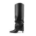 Vaslemuse Womens Knee High Boots Fold Over Stiletto Heels Slouchy Boots Pointed Toe Sexy Long Boots Shark Tall Shoes with Side Zipper - Black 6.5