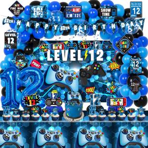 12th Birthday Decorations for Boys, 149Pcs Blue Video Game level 12 Party Supplies for Boy 12th Birthday - Backdrop, Banner, Balloons, Tablecloth, Centerpieces, Hanging Swirls, Wall Signs