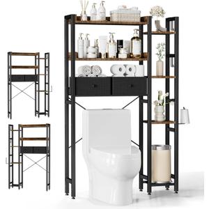 Over The Toilet Storage with 2 Drawers, 7 Tier Over Toilet Bathroom Organizer with Height Adjustable Shelves and Hooks, Space Saver Above Toilet, Black+Brown (31.69"W)