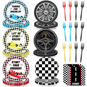96Pcs Racing Car Birthday Party Plates and Napkins for Checked Race Car Party Decorations Start Your Engines Theme Paper Plates Tableware for Kids Serves 24 Racing Car Birthday Party Supplies Favors