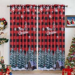 Christmas Curtains for Living Room, Tartan Striped Christmas Tree Curtain, Rod Pocket Top Window Drapes Decorations for Bedroom and Home Decor, 52W x 63L