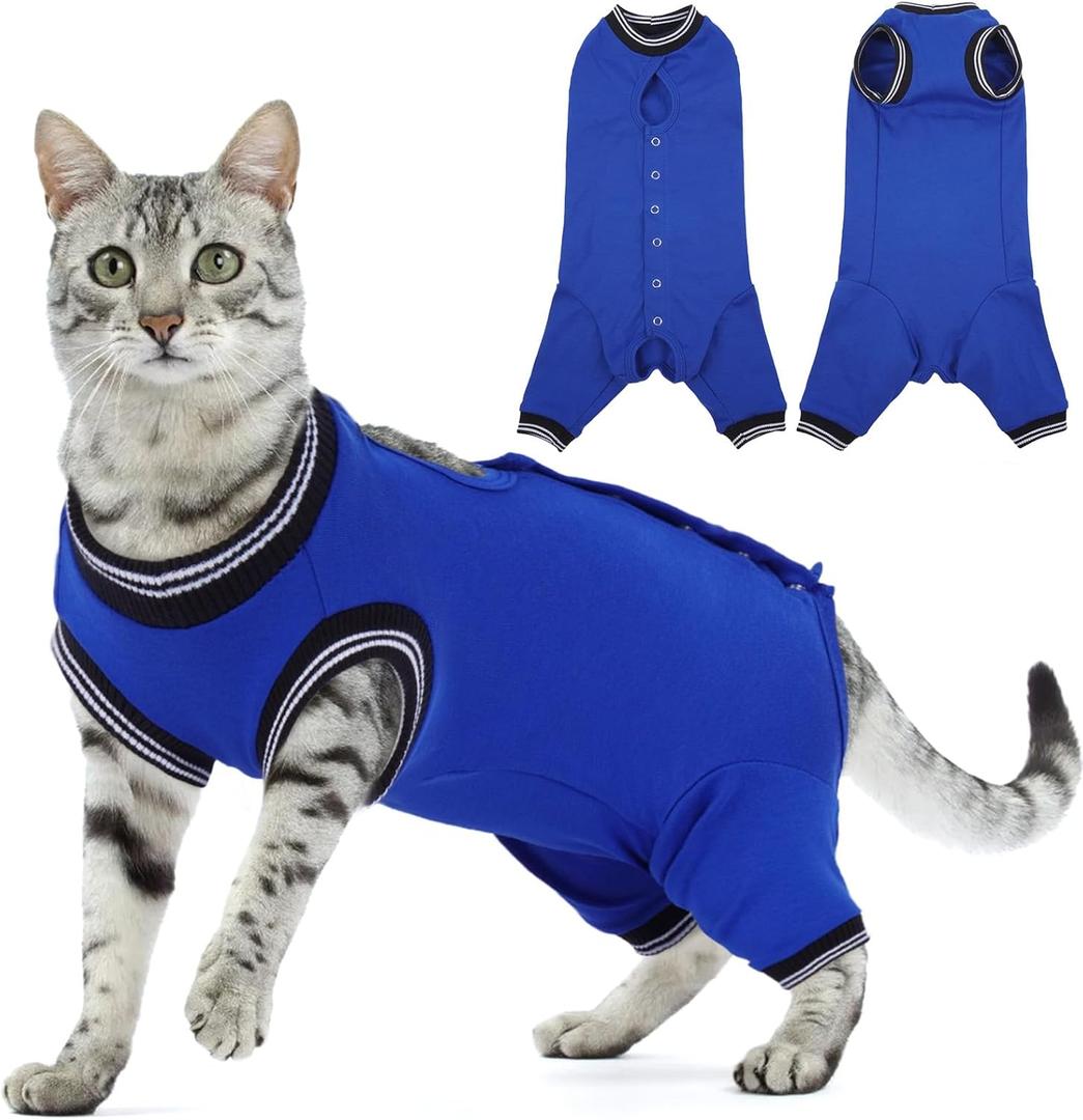 T'CHAQUE Cat Surgery Recovery Suit for Female Male, Cat Onesie Pet Surgical Pajamas Hind Legs Long Sleeve, Abdominal Wound Skin Diseases, E-Collar Alternative, Spay/Neuter Recovery Suit, RoyalBlue-XL
