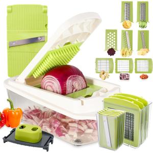 8-in-1 Vegetable Chopper with Container - Veggie Onion Chopper, Mandoline Slicer, Salad, French Fry Cutter, Kitchen Gadgets with Cleaning Tools (Green)