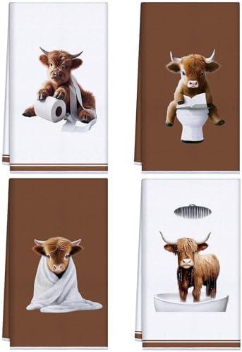 Peryiter 2 Pack Highland Cow Dish Kitchen Towels 18 x 26 Inch Farmhouse Cow Decorative Tea Towels Absorbent for Bathroom Kitchen Decor Cleaning Drying Housewarming Gift