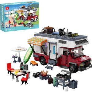 City Camper Van Building Set-Beach Camping Themed Construction Toy Kit with Mini Accessories&Lights, RV Car Model Compatible with Legos,Birthday Gift for Adults and Kids 6+(880 pcs)
