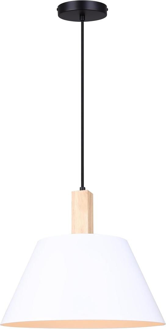 Harlyn 14.5-Inch 1-Light Pendant, Matte Black/White/Wood, Adjustable Height, 60W Type A Compatible, Modern Rustic Design