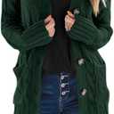 PRETTYGARDEN Long Sleeve Cable Knit Long Cardigan for Women 2025 Fall Winter Chunky Open Front Button Sweaters with Pockets (Medium, Dark Green)