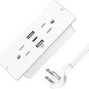 HHSOET 5 in 1 Recessed Power Strip Flat Plug, 20W Fast Charging Furniture Outlet with USB, Conference Recessed Socket with 2 AC Plugs, 2 USB Ports 1 USB-C, 10ft Power Cord. (White)