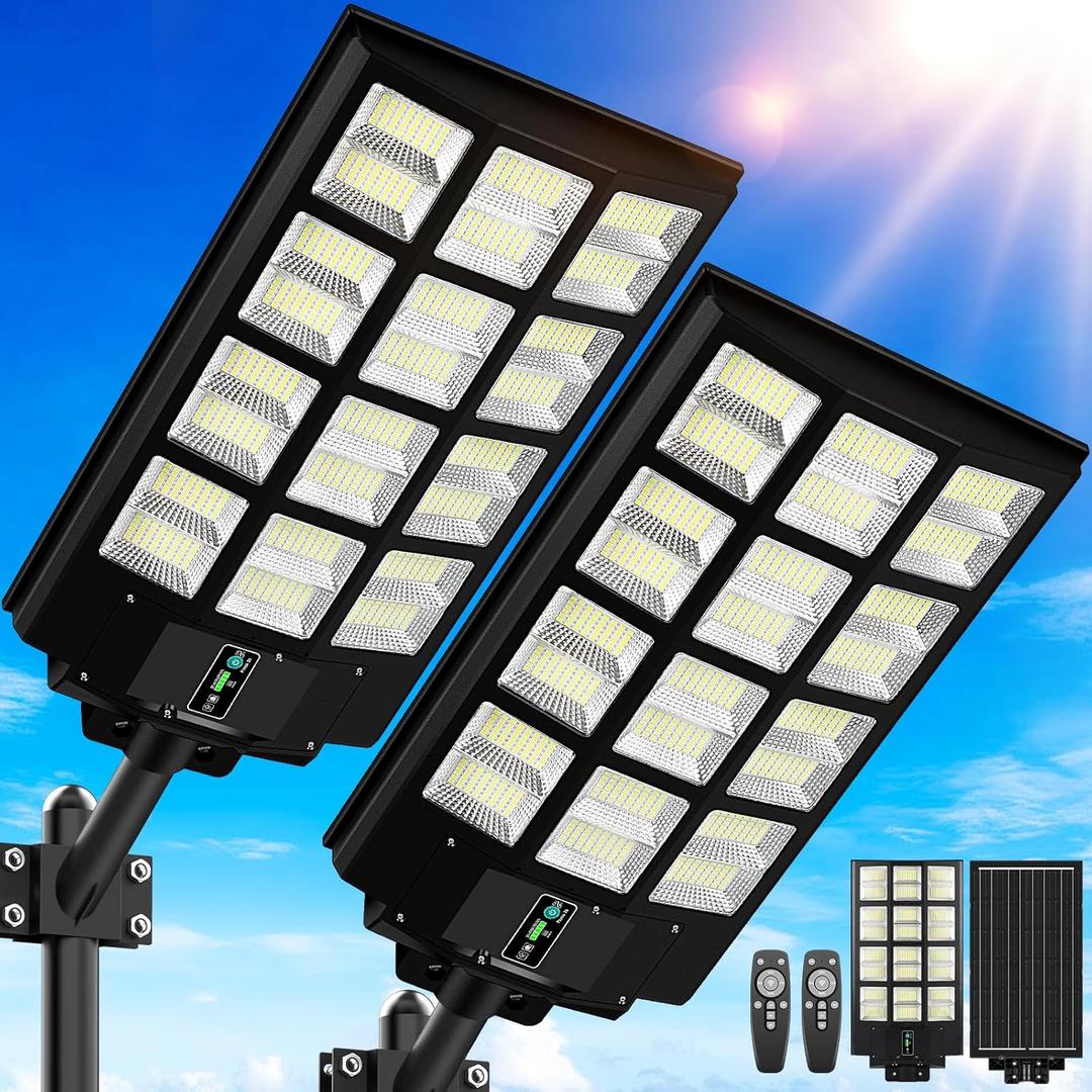 9000W Solar Street Lights Outdoor, 27" 240000LM Solar Lights Waterproof with Motion Sensor, 6500K Dusk to Dawn Commercial Lighting for Parking Lot, Security LED Flood Lights for Driveway Yard, 2-Pack