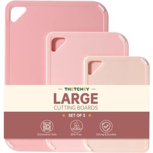 THETCHRY Plastic Cutting Board Set, Pink Cutting Board with Non-slip, Cutting Board for Kitchen Set of 3, Dishwasher Safe, BPA Free, Reversible, with Grip Handle, Pink