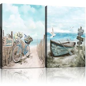 Coast Beach Bicycle Boat Sailing 2pcs Framed Fun Wall Art Decor Canvas Print Poster Gallery Picture Artwork Bathroom Living Room Bedroom Decor 16x24 inches Ready to Hang pack of 3
