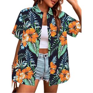 Women Hawaiian Shirt Floral Tropic Print Tee Hawaii Button Down Tshirt Beach T Shirt Summer Short Sleeve Tops (Green, M)