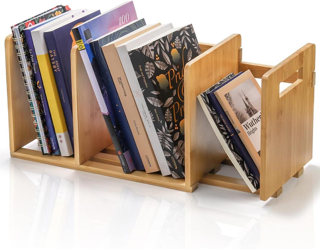 ZOOFOX Bamboo Desktop Bookshelf, Expandable Desktop Organizer, Small Display Shelf Book Rack for Office Supplies, Home Tabletop