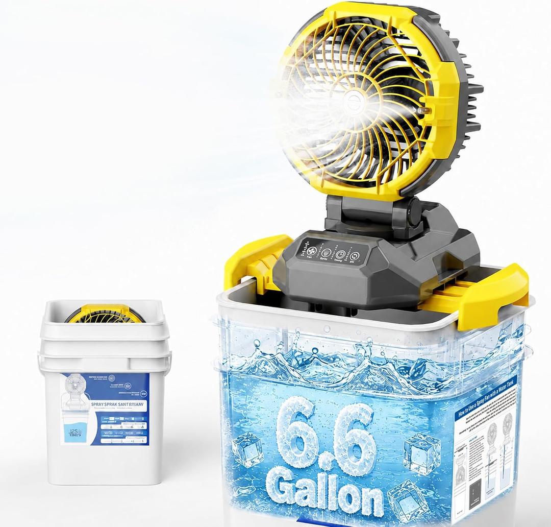 Portable Misting Fan with 6.6 Gallon Bucket, 30000mAh Rechargeable Battery Powered Floor Cooling Fan with 4 Strong Winds & 4 Spray Mister, Outdoor Oscillation Fans for Camping/Patios/Beach/Worksite, Medium