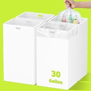 Kaiferty 30 Gallon Disposable Trash Cans for Parties, 4 Pack Extra Large Collapsible Pop Up Trash Can with Handles, Portable Cardboard Garbage Can & Recycling Bin for Party Kitchen Camping, White