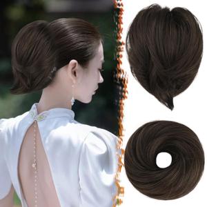 BARSDAR Straight Brown Hair Bun Extension - Synthetic Elastic Messy Ponytail Scrunchie for Women - Short Daily Hairpiece - Dark Brown Mixed (1 Count - Elastic)