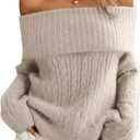 ELLEVEN Womens Off Shoulder Cable Knit Sweater, Soft Oversized Pullover for Casual Fall Winter Outfits (Large, Khaki)