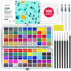 Caliart Watercolor Paint Set, 100 Colors Portable Travel Water Color Palette Kit with Detail Paint Brush, Art Supplies for Painting Coloring, Christmas Gifts for Artist Adult Teen Girls Boys Beginners