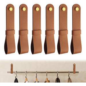 LELE LIFE 6 Pack Leather Curtain Rod Holders, Decorative Curtain Rod Brackets for Wall with Screws & Brass Caps, Hanging Straps Pole Hanger Hook for Towel Tapestry, Brown