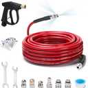 Sewer Jetter Kit for Pressure Washer 50 FT, Drain Cleaner Hose with Power Washer Gun, 1/4 Inch NPT Corner, Rotating and Button Nose Sewer Jetting Nozzle,Waterproof Tape, Pearl Corsage Pin, Spanner