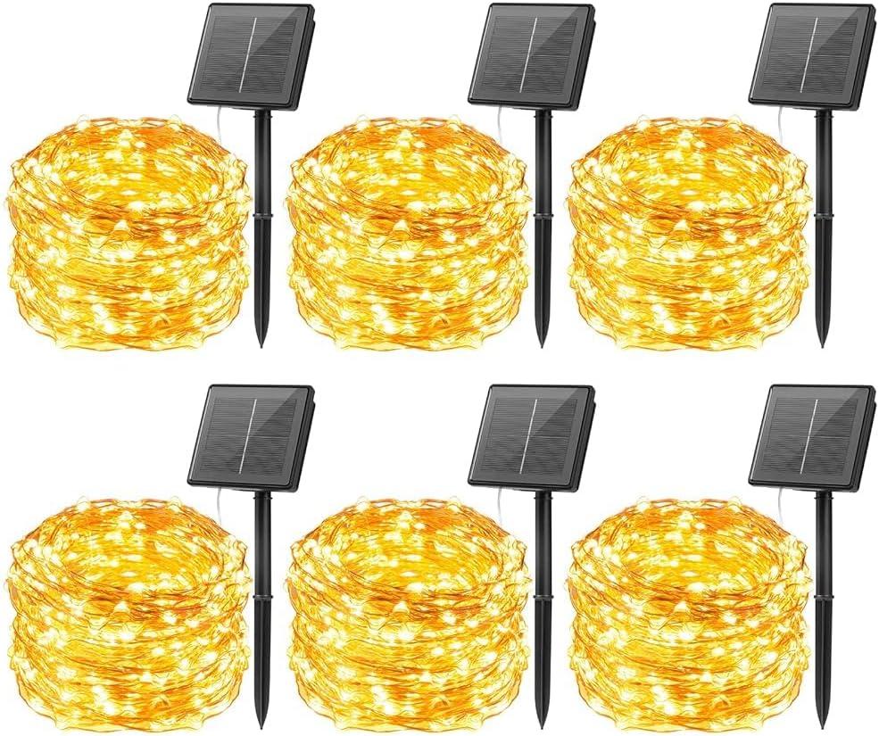 Minetom Solar String Lights for Outside, 6 Packs Total 198Ft 600 LED Outdoor Solar Fairy Lights, 8 Modes Balcony Lights for Tree Patio Christmas Party Wedding Decor (Warm White)