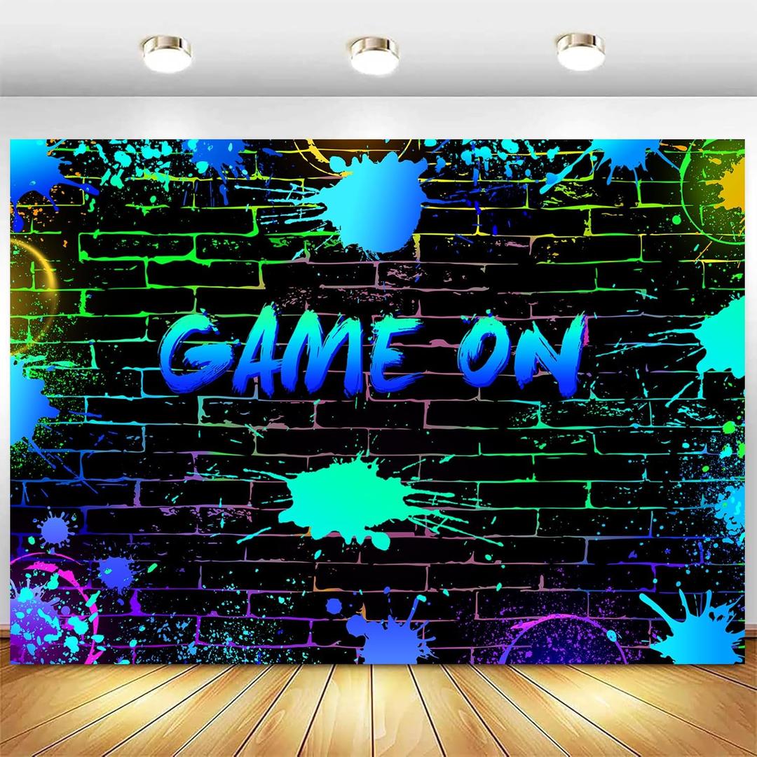 Withu Neon Game On Backdrop Glow Gamepad Brick Wall Video Games Level Up Gaming Party Decorations Banner Gamer Birthday Gamer Night Banner 7x5ft, Blue