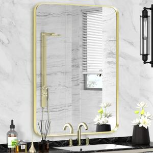 Minuover Gold Bathroom Mirror 28x36in, Metal Framed Rounded Rectangle Wall, Gold