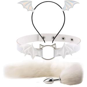 Animal Cosplay Costume Furry Fox Tail Plug Cute Ears Headband Bat Style Neck Collar Set (White)