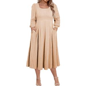 Eytino Womens Plus Size Dress Square Neck Long Sleeve Midi Sweater Dresses with Pockets(1X-5X) (Khaki)