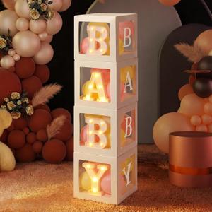 Baby Balloon Boxes with B, A, B, Y Light up Letters 4 White Transparent Square Boxes and Letters for Baby Shower Gender Reveal Birthday Party Decorations Backdrop Photo Shoot Prop