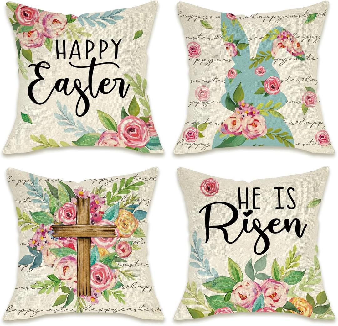 Fahrendom Happy Easter Bunny Christian Decorative Throw Pillow Covers 20 x 20 Set of 4, He is Risen Religious Cross Rabbit Porch Patio Outdoor Pillowcase, Spring Rose Flowers Cushion Case Home Decor