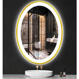 30 x 20 Inch Oval LED Bathroom Mirror, Gold Frame, 3 Color Front Lights, Anti-Fog, Wall Mount