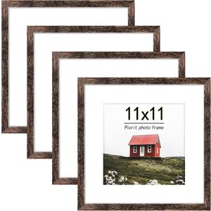 Picrit 11x11 Picture Frame Set of 4, Made of High Definition Real Glass, Display 8x8 with Mat or 11x11 without Mat, Photo Frames for Wall Mounting Display, Brown