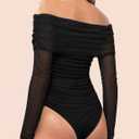SAUNGKUAI Women's Off The Shoulder Long Sleeve Bodysuit Sexy Slimming Body Suit Tops Sheer Mesh Ruched Fall Outfits 2026 (Black, L)