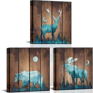 xiysien Rustic Cabin Wall Art Animal Canvas Wall Decor Country Deer Bear Moose Animal Framed Artwork for Farmhouse Living Room Bedroom 12''x12''x3PCS
