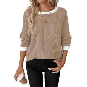 APOOU Womens Long Sleeve Shirts for Women Crewneck Casual Tops Loose Fit Lightweight Sweaters Tunic Fall Fashion 2025 Blouses Clothing Brown Small