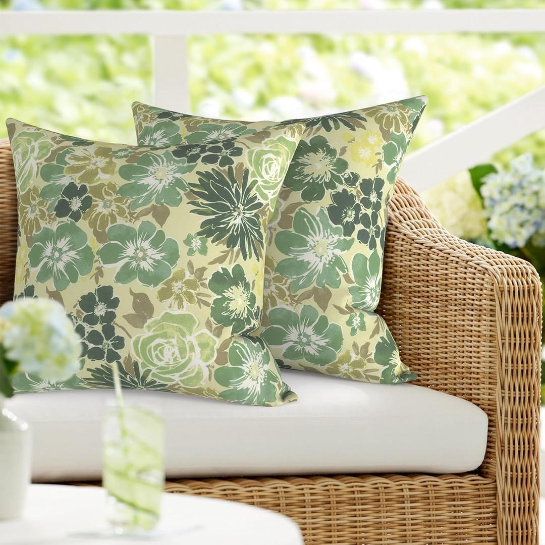 DYTXIII Pack of 2 Outdoor Waterproof Pillow Covers ONLY, 18"x18" Square Decorative Double Printed Throw Pillow Cases for Patio Couch Porch Furniture, Green Rose