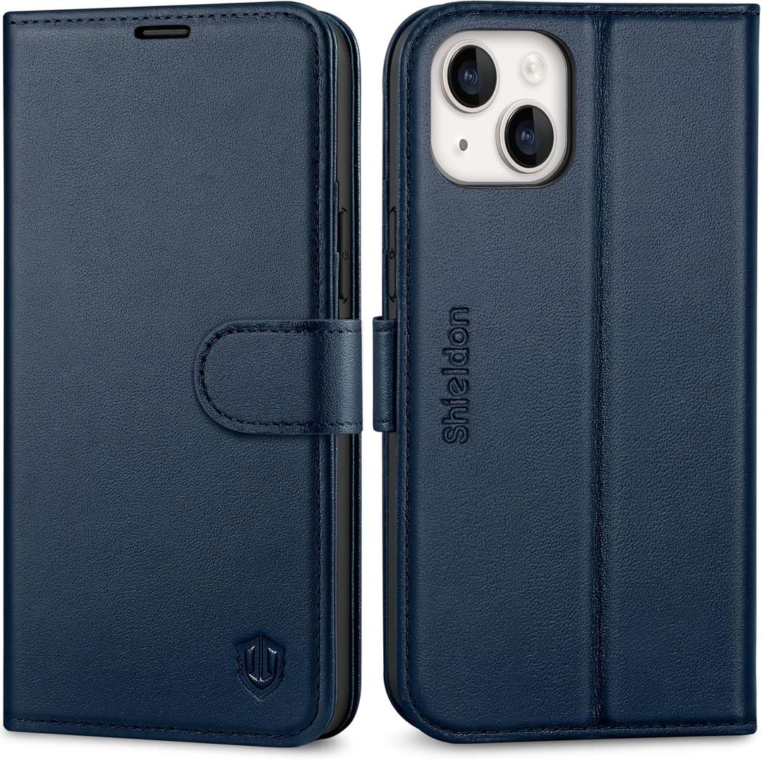 SHIELDON Case for iPhone 14 Plus 5G, Genuine Leather Wallet Case RFID Blocking Card Holder Magnetic Kickstand Shockproof Book Design Cover Compatible with iPhone 14 Plus 6.7" - Navy Blue