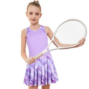 MODAFANS Girls Tennis Golf Dress Sleeveless Athletic Pleated Outfits Sets with Shorts Purple Marbles,6-7years (Purple, S)