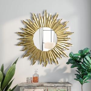 Gold Mirror, Handcrafted Sunburst Round Wall Mirrors Decorative Modern Wall-Mounted Mirrors for Living Room, Entryway, Foyer, Hallway, Bedroom