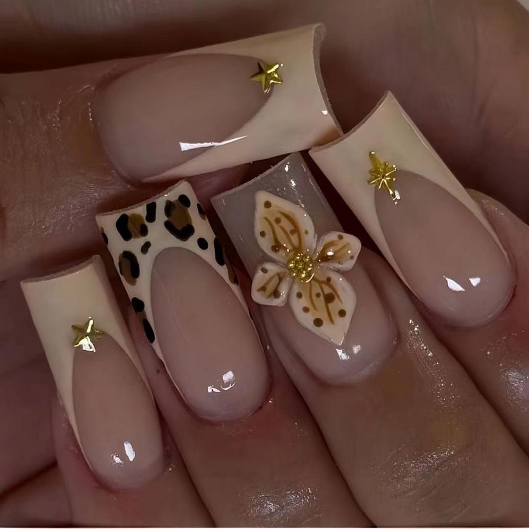 Leopard Print French Tip Press on Nails Medium Square Shaped False Nails with 3D Flower and Stars Designs Spring Floral Fake Nail Embossed Acrylic Nail Full Cover Stick on Nails for Women 24 Pcs (165)