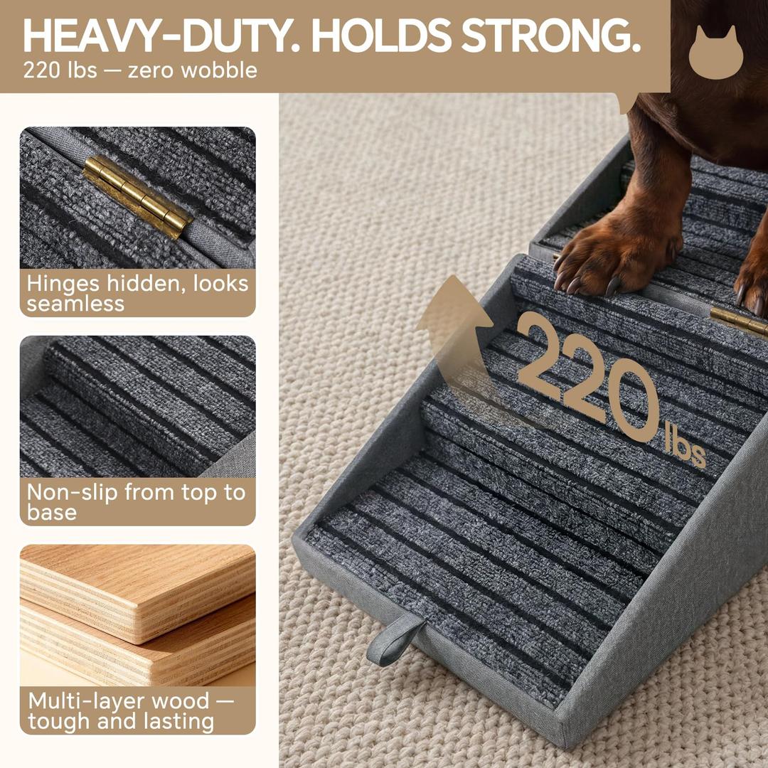Luciphia 2-in-1 Wooden Pet Stairs & Ottoman 17" H Foldable Dog Ramp with Solid Wood Frame & Tech Cloth Surface Pet Footstool Steps with Non-Slip Surface for Puppy Senior Injured Dogs Couch Bed