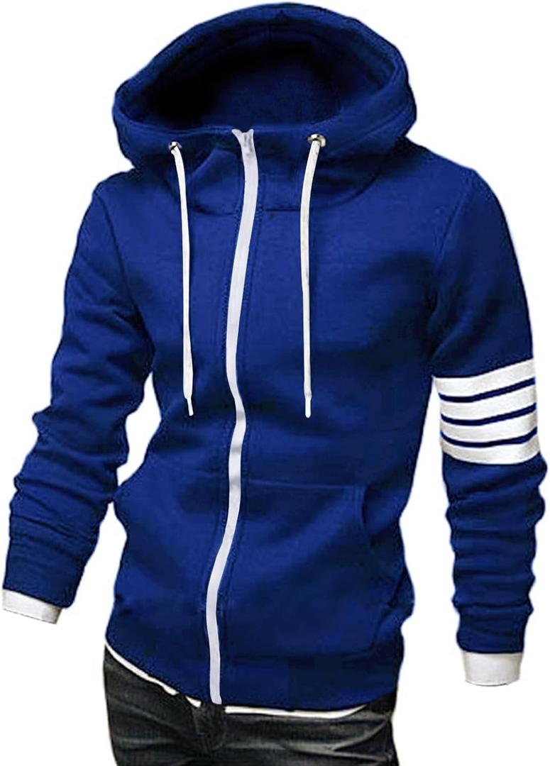 ZUEVI Men's Hoodies Casual Striped Drawstring Hooded And Zipper Closure Hoodie Slim Fit Fleece Sweatshirt With Pockets (Medium, Blue)