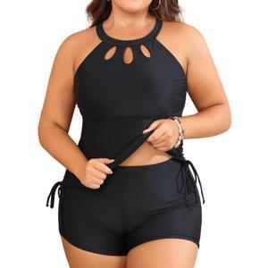 Aqua Eve Women Two Piece Plus Size Swimsuit High Neck Tankini Set Tummy Control Bathing Suit with Shorts Black 14W
