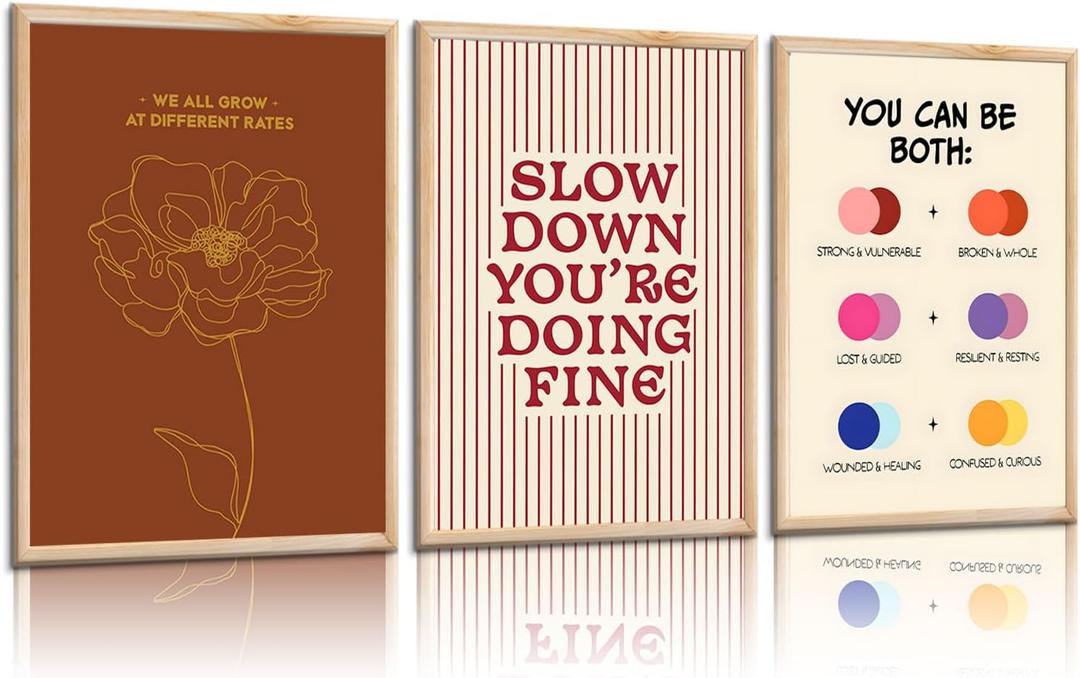 3 pcs Growth Mindset Wall Art Modern Minimalist Inspirational painting Wall decor pictures Slow Down You're Doing Fine posters Prints for Bedroom Office Therapy Room Home decoration Unframed 12x16in