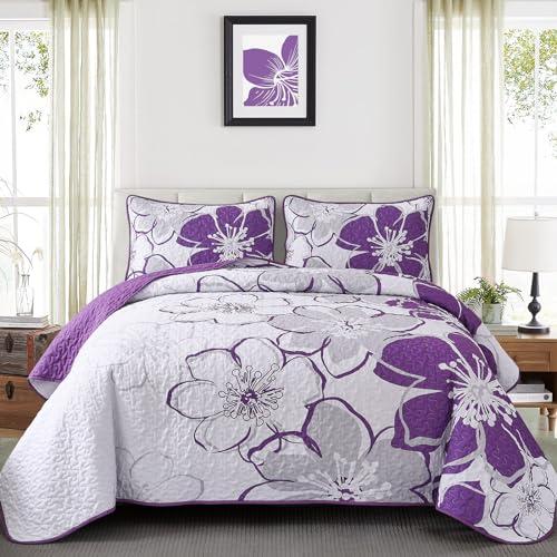 Luxudecor Floral Quilt Set King Size 3 Pieces Purple Flower Bedspread with Pillow Shams Lightweight Soft Microfiber Bed Cover for All Seasons 108" x 92"